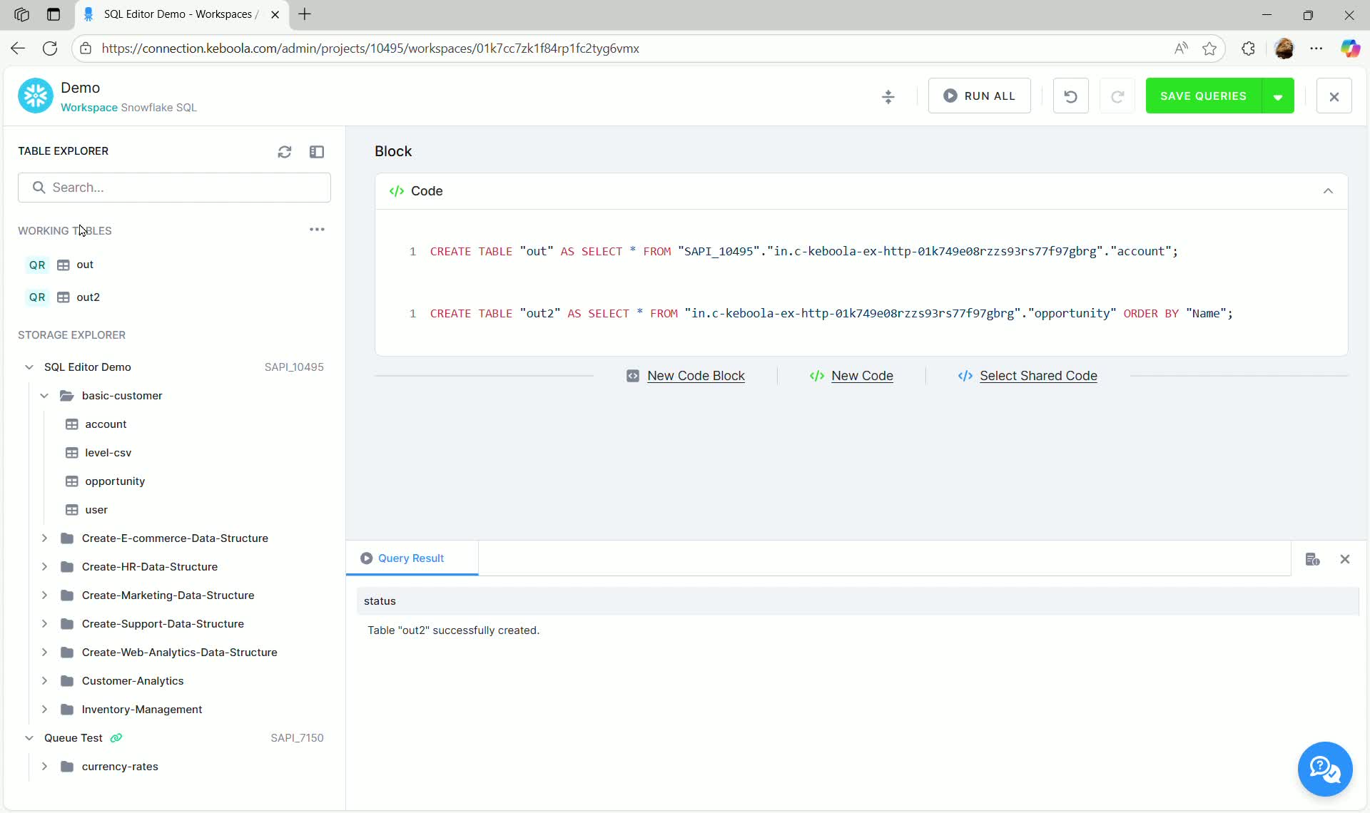 SQL Editor - Working Tables section showing QR (Query Result) tables